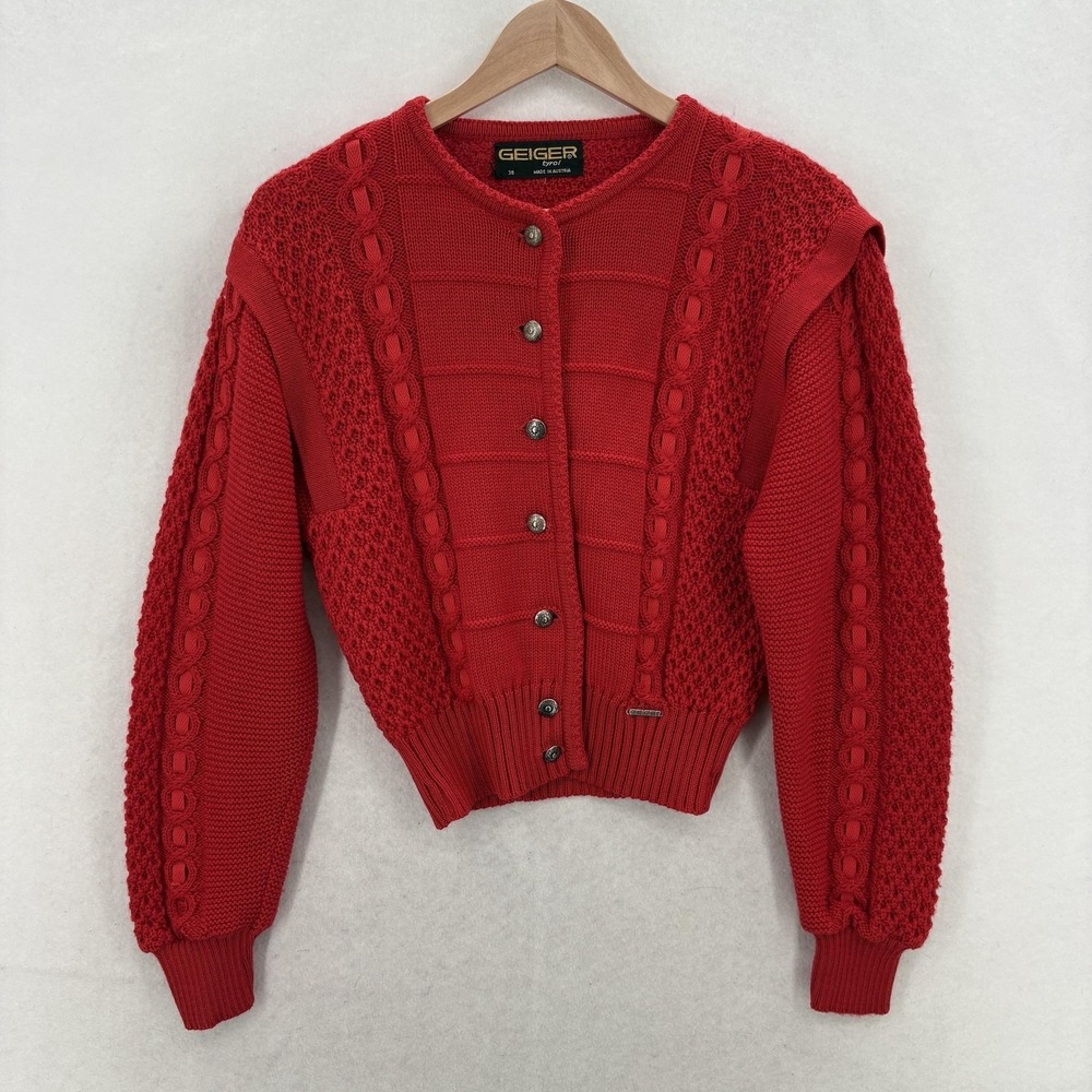 Geiger Cardigan Sweater Womens 38 Red Wool Cable Knit Austria Heavyweight VTG